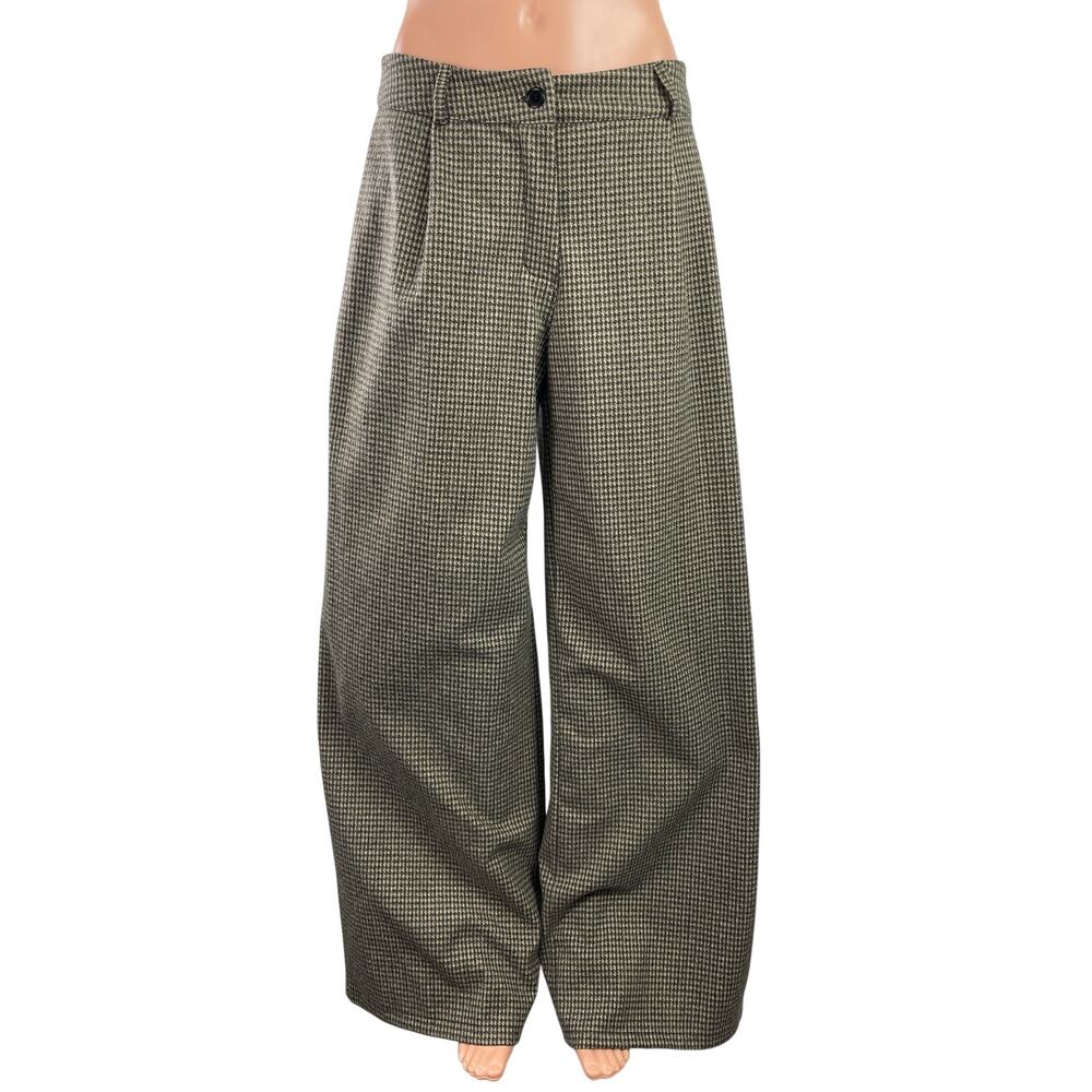 Boohoo Women's Beige Houndstooth High Rise Wide Leg Baggy Trousers Pants Size 8